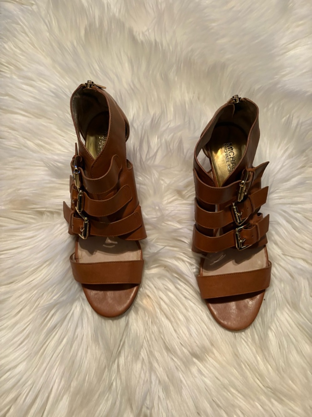 Michael Kors Cognac Leather Buckled Strappy Heels